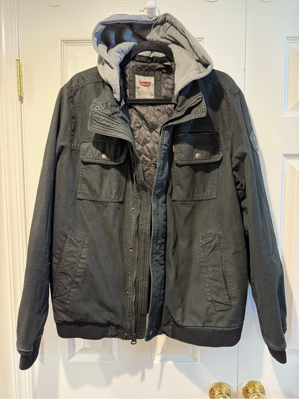 Levi's Men's Hooded Military-Style Field Jacket in Charcoal with Gray Hood
